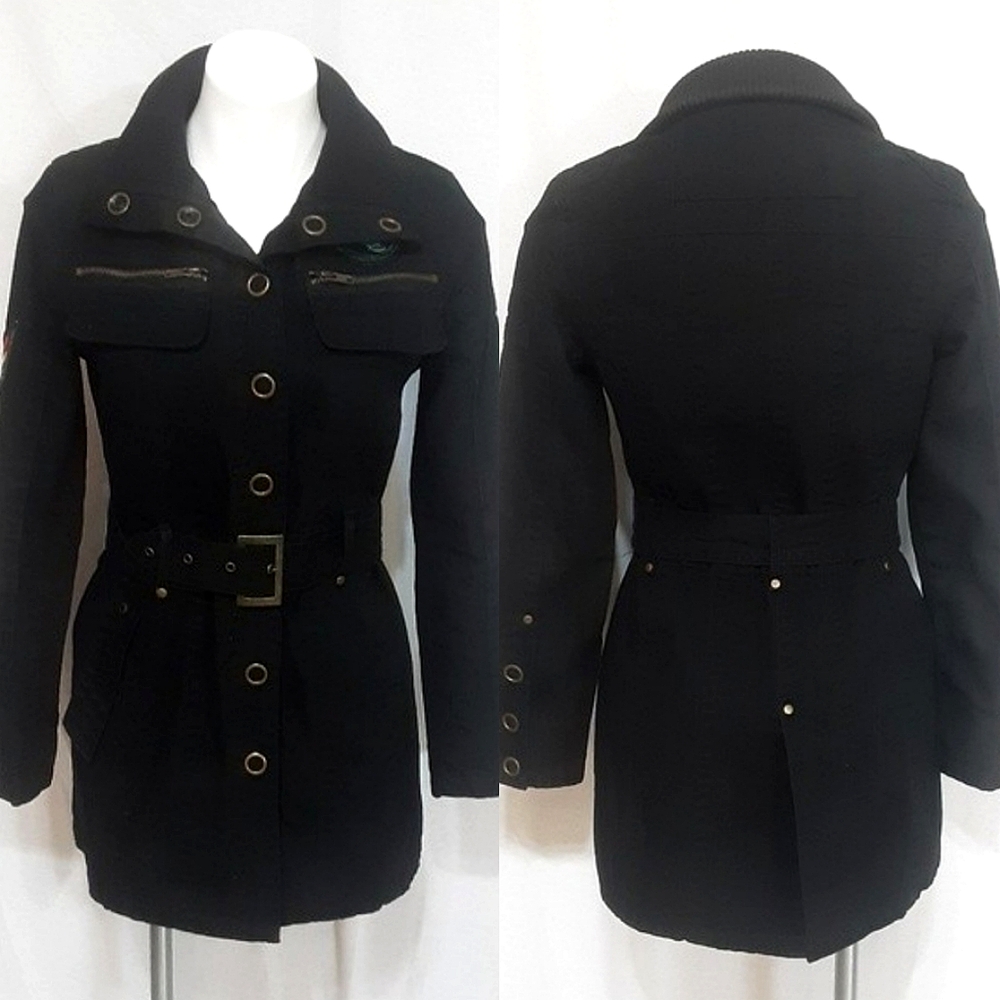 Red Fox Black Thick Denim Belted Trench Coat Medium Streetwear Utility Grunge